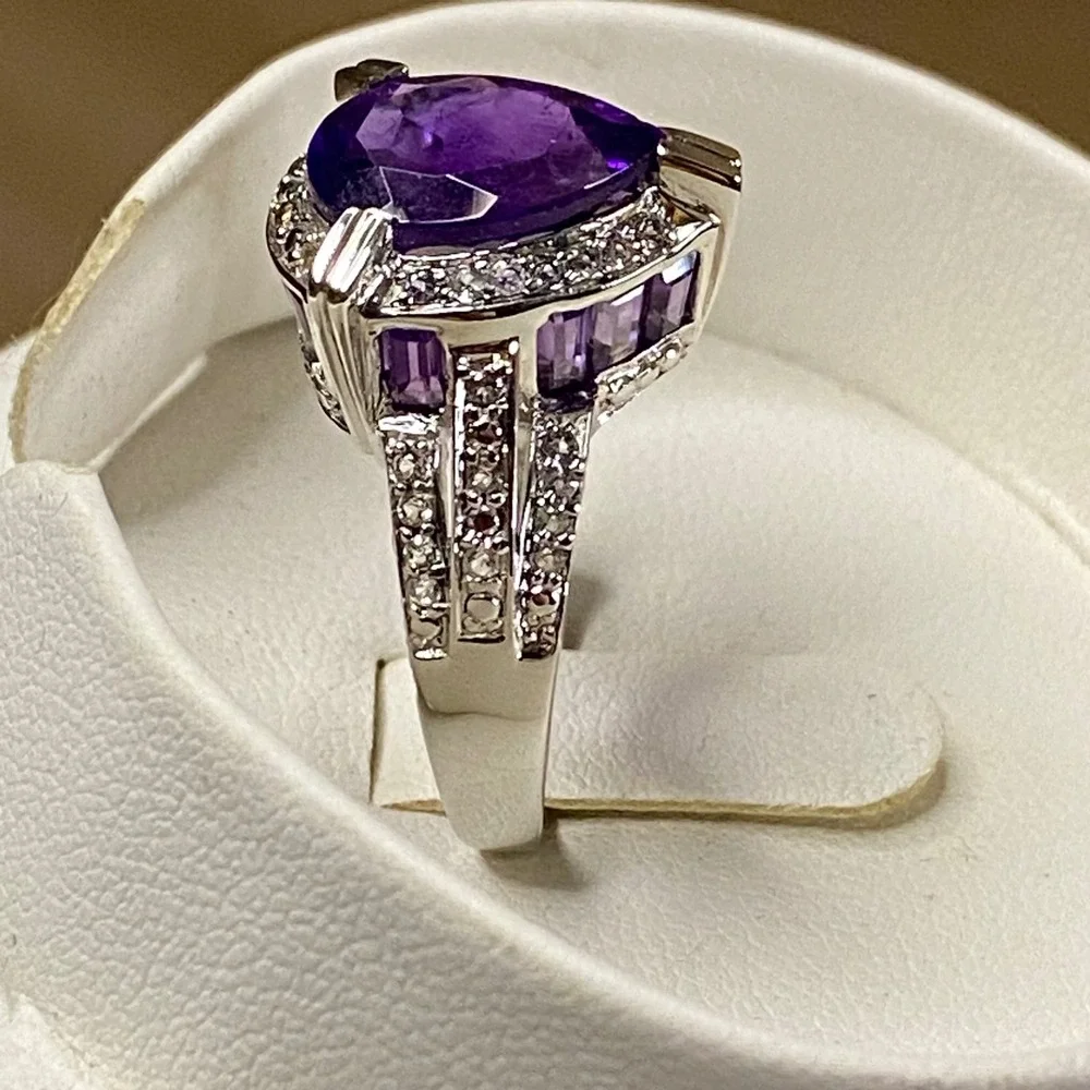 African Amethyst &‎ White Topaz Ring Pear Cut Sterling Silver 4.42CTW Sz 9